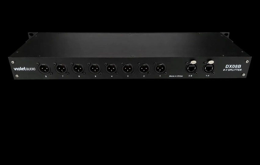 Violet Audio DX08B rear panel with XLR and Ethercon outputs labeled