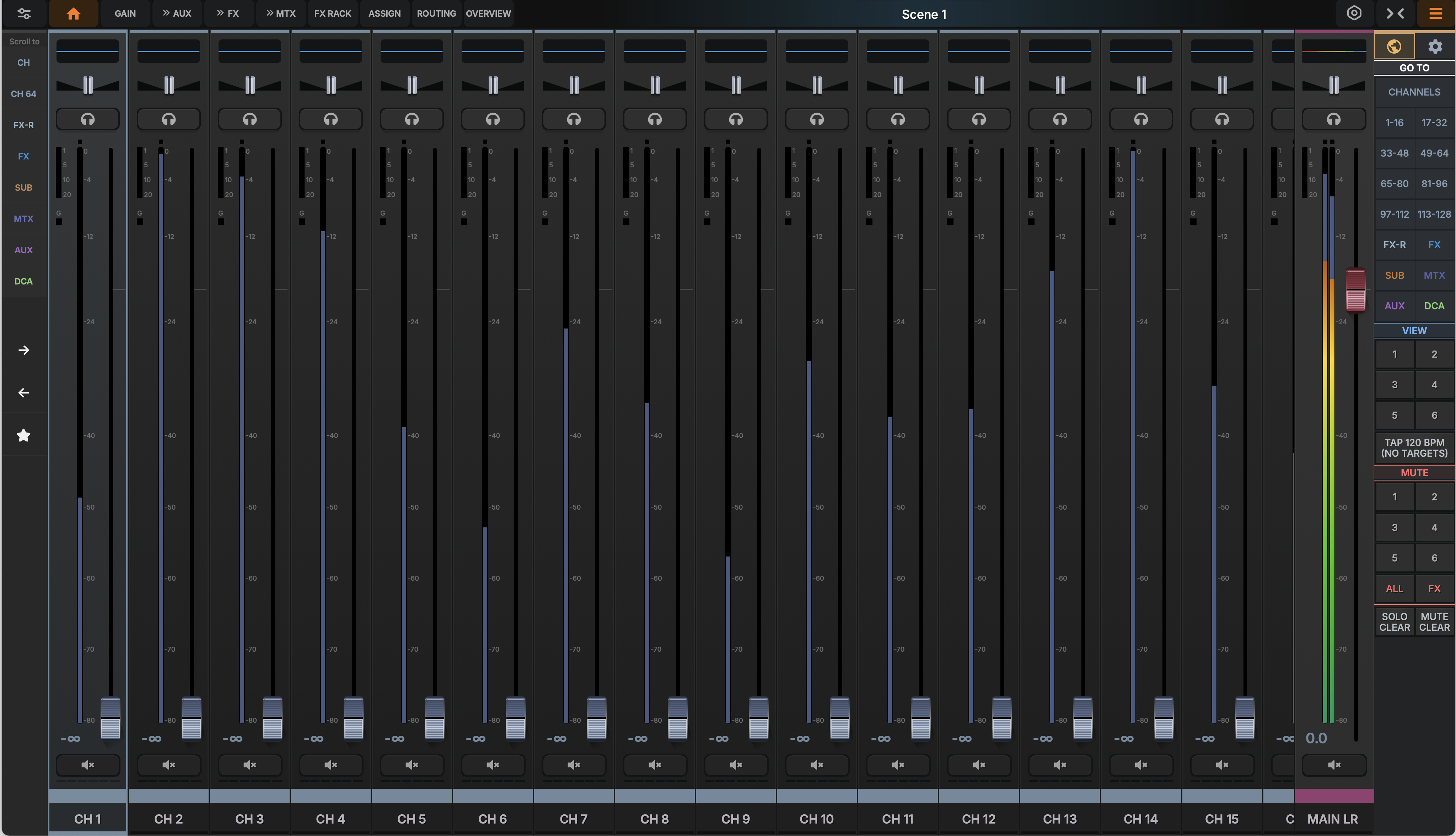 dMix 128 web-based mixing control software, full channel fader bank