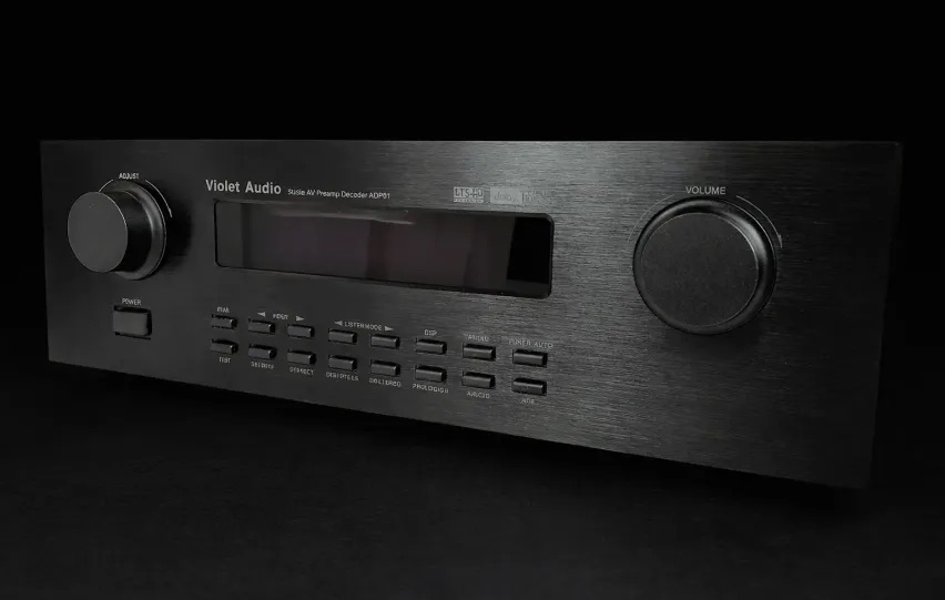 Violet Audio ADP61 front panel with adjust knob, input selector, and power controls