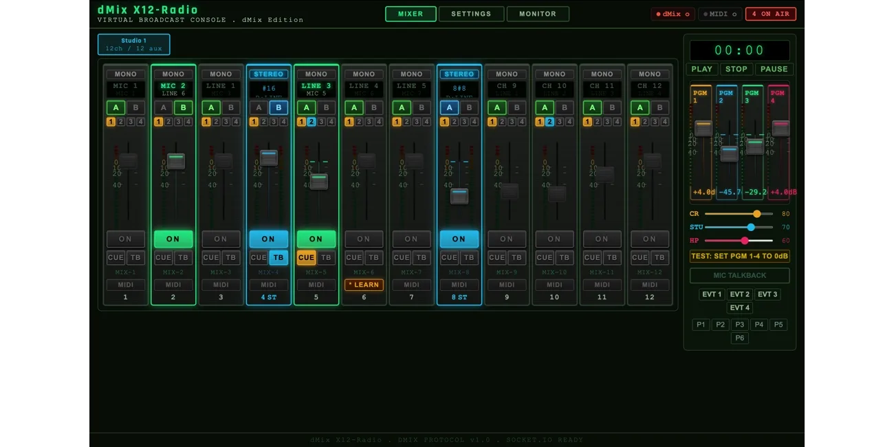 RadioX12 virtual broadcast console mixer view