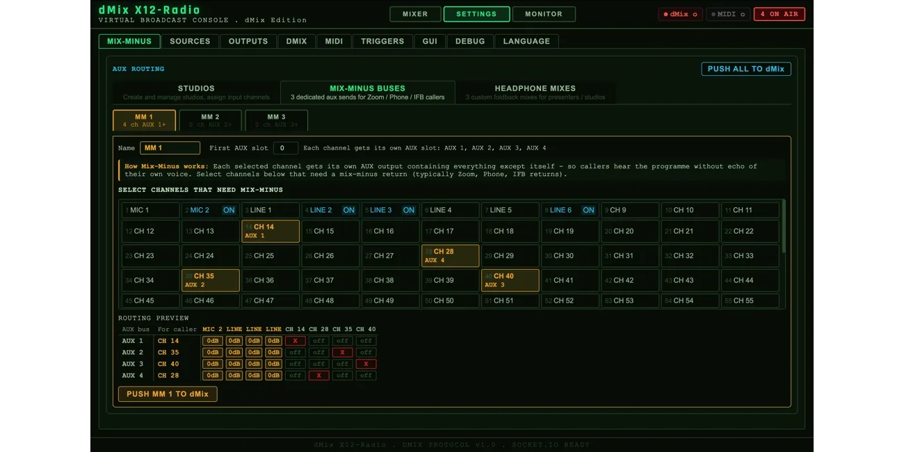 RadioX12 settings screen — mix-minus bus routing and headphone mix configuration