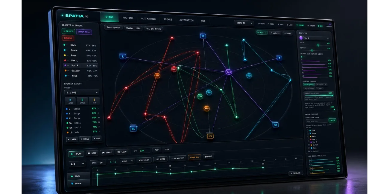 Spatia 2D automation view — object movement paths and a timeline with waypoints