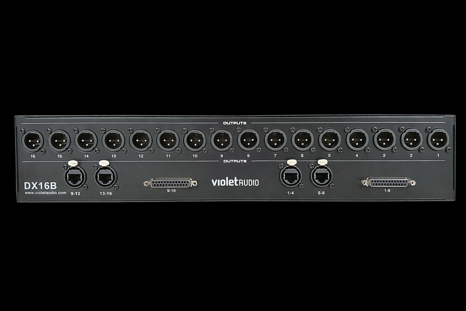 Violet Audio DX16B rear panel with XLR, Ethercon, and D-Sub outputs labeled