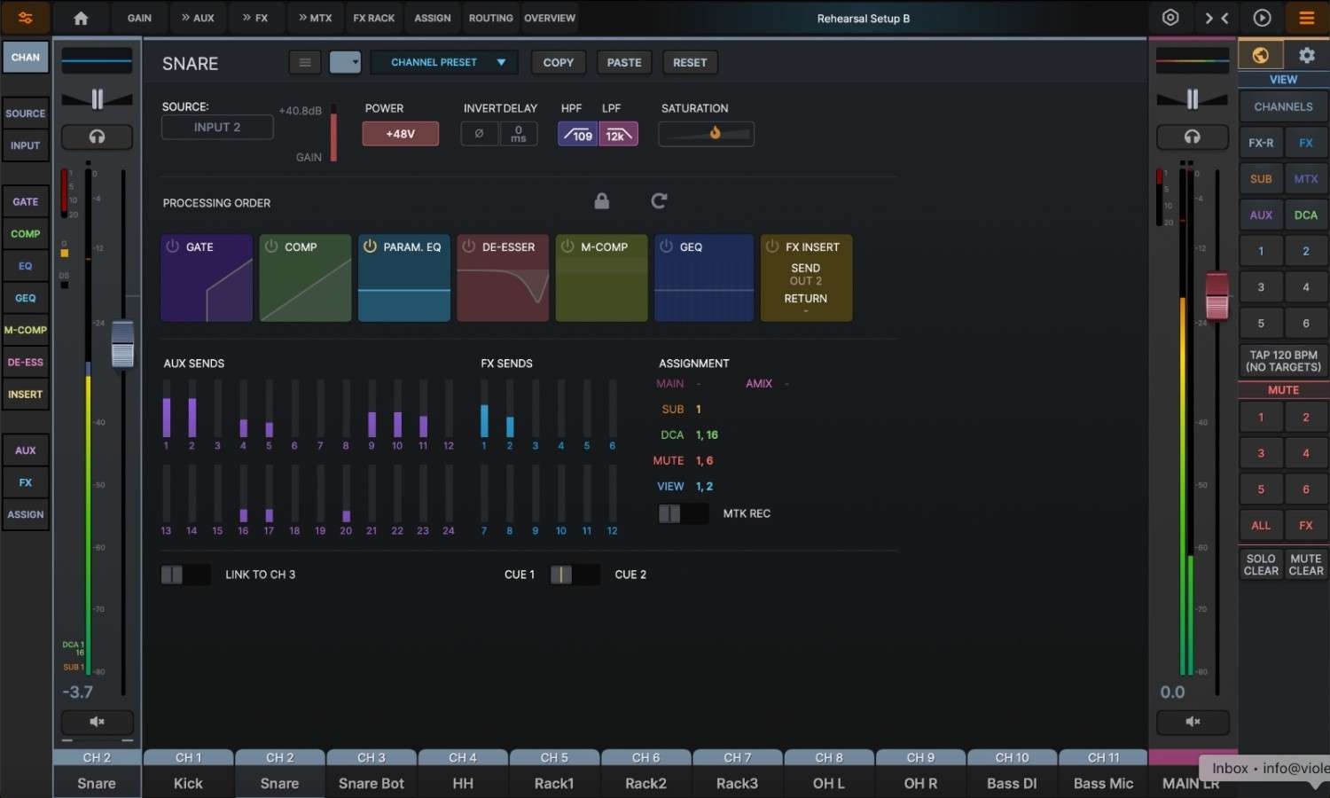 dMix control software channel strip showing the full processing chain