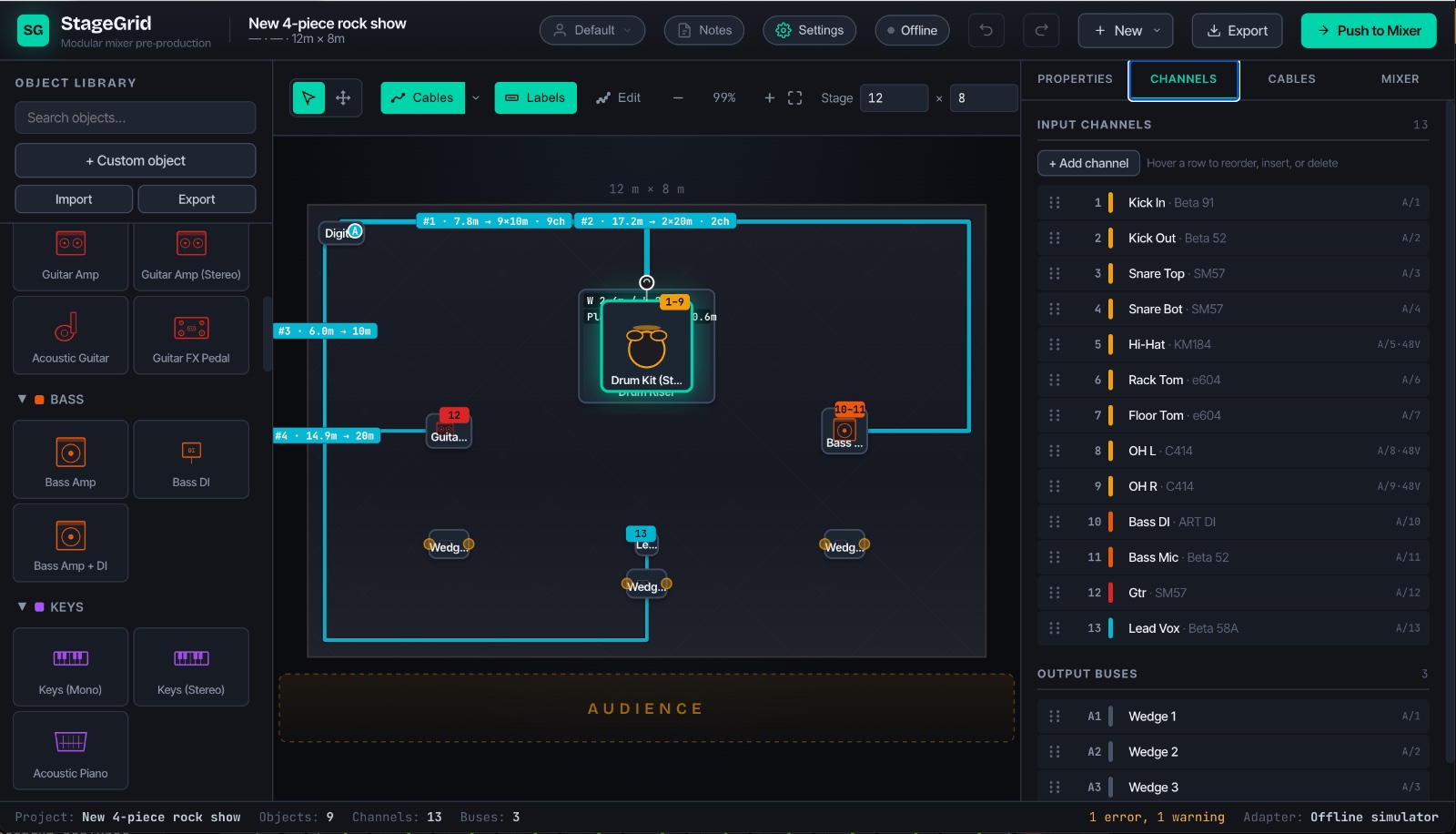 Stage Grid software canvas showing a 4-piece rock show stage plot, input channel list, and cable schedule